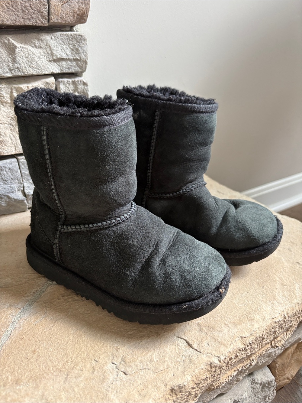 UGH Kids Black Suede Winter Boots with Sheepskin Lining